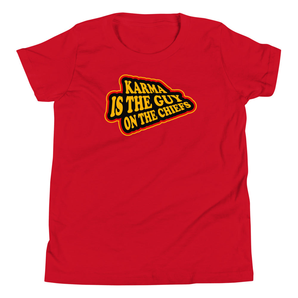 Karma is The Guy On The Chiefs Kelce Swift Arrowhead Youth Short Sleeve T-Shirt