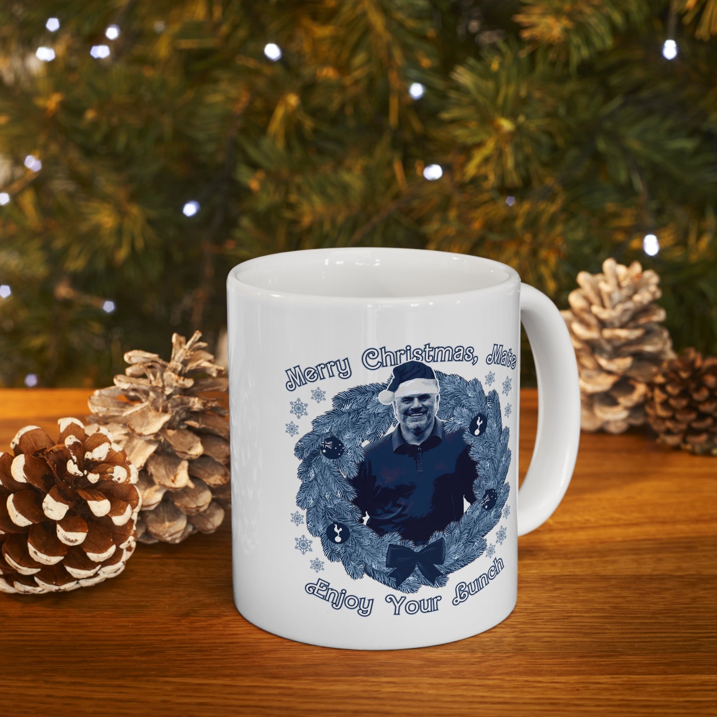 Ange Postecoglou Tottenham Hotspur Enjoy Your Lunch Christmas Sweater-Style Mug