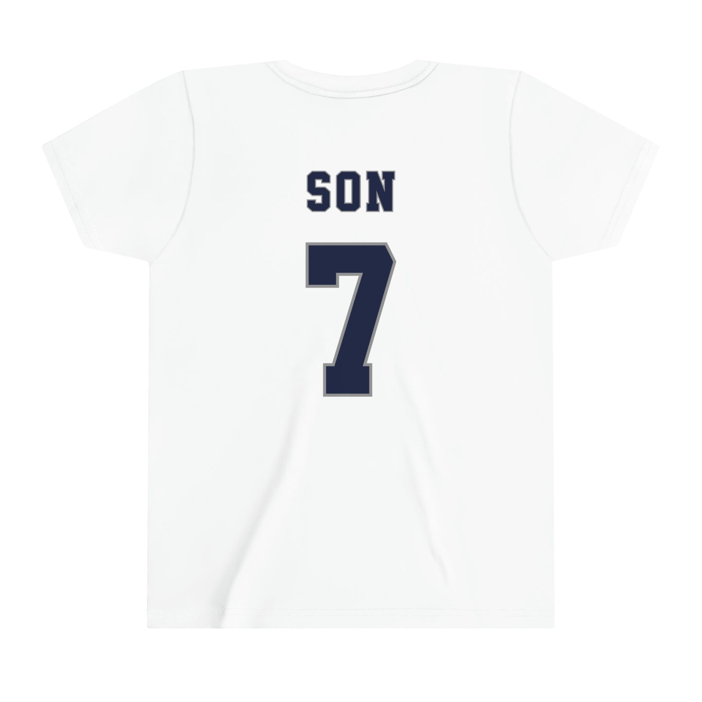 Son Heung-min Tottenham Hotspur NFL Style Youth Short Sleeve Tee (front and back)