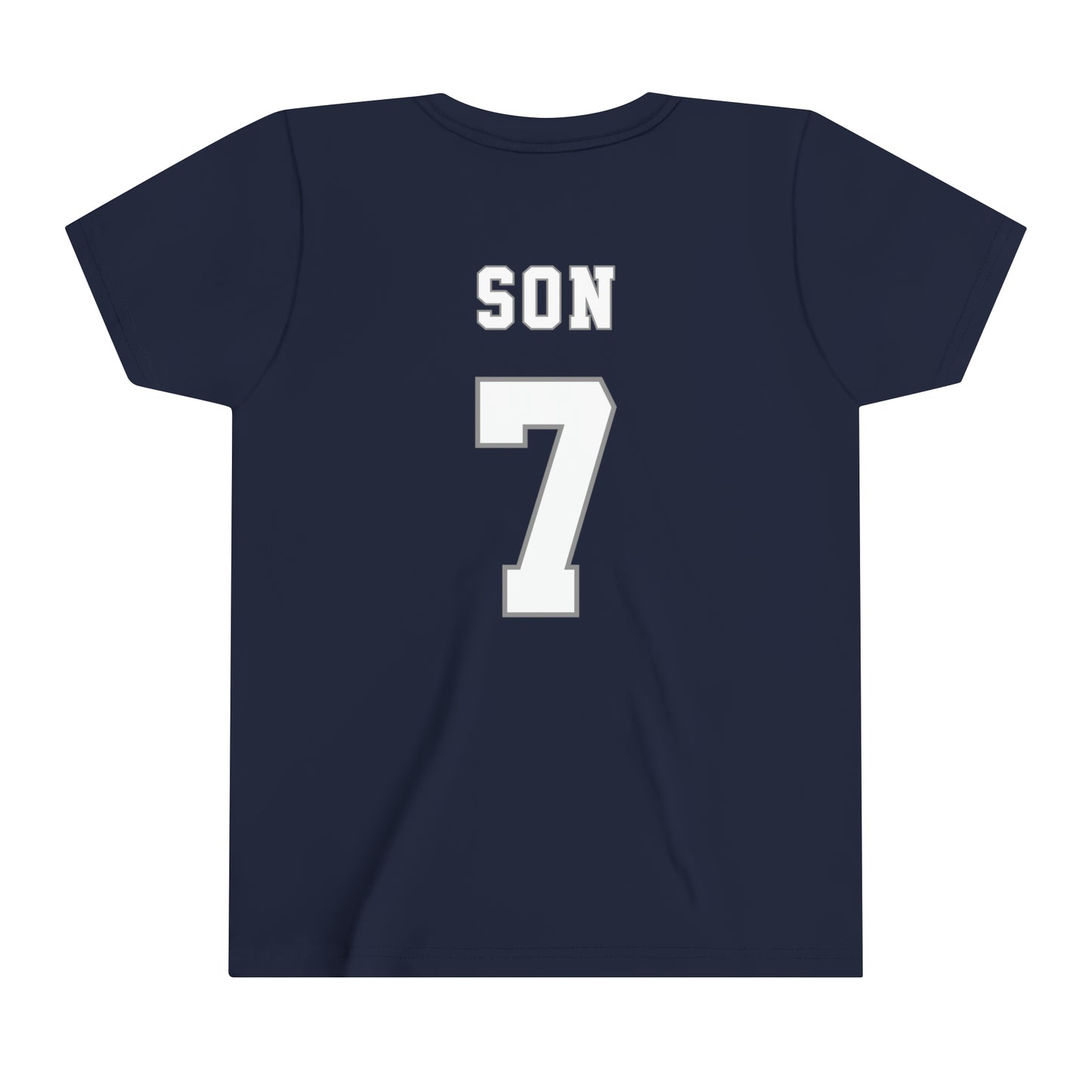 Son Heung-min Tottenham Hotspur NFL Style Youth Short Sleeve Tee (front and back)